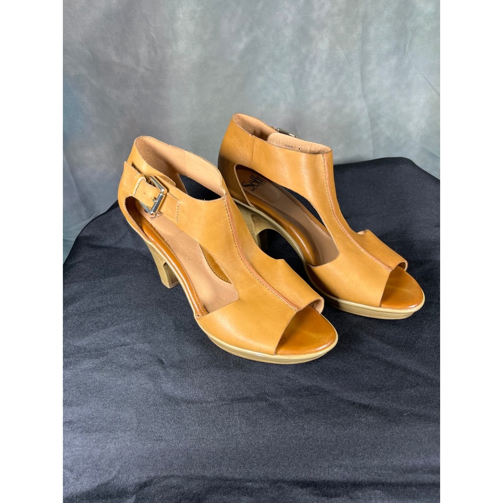Sofft Tan Leather Peep Toe Heeled Sandals Ankle Strap Camel 9.5M 1536600